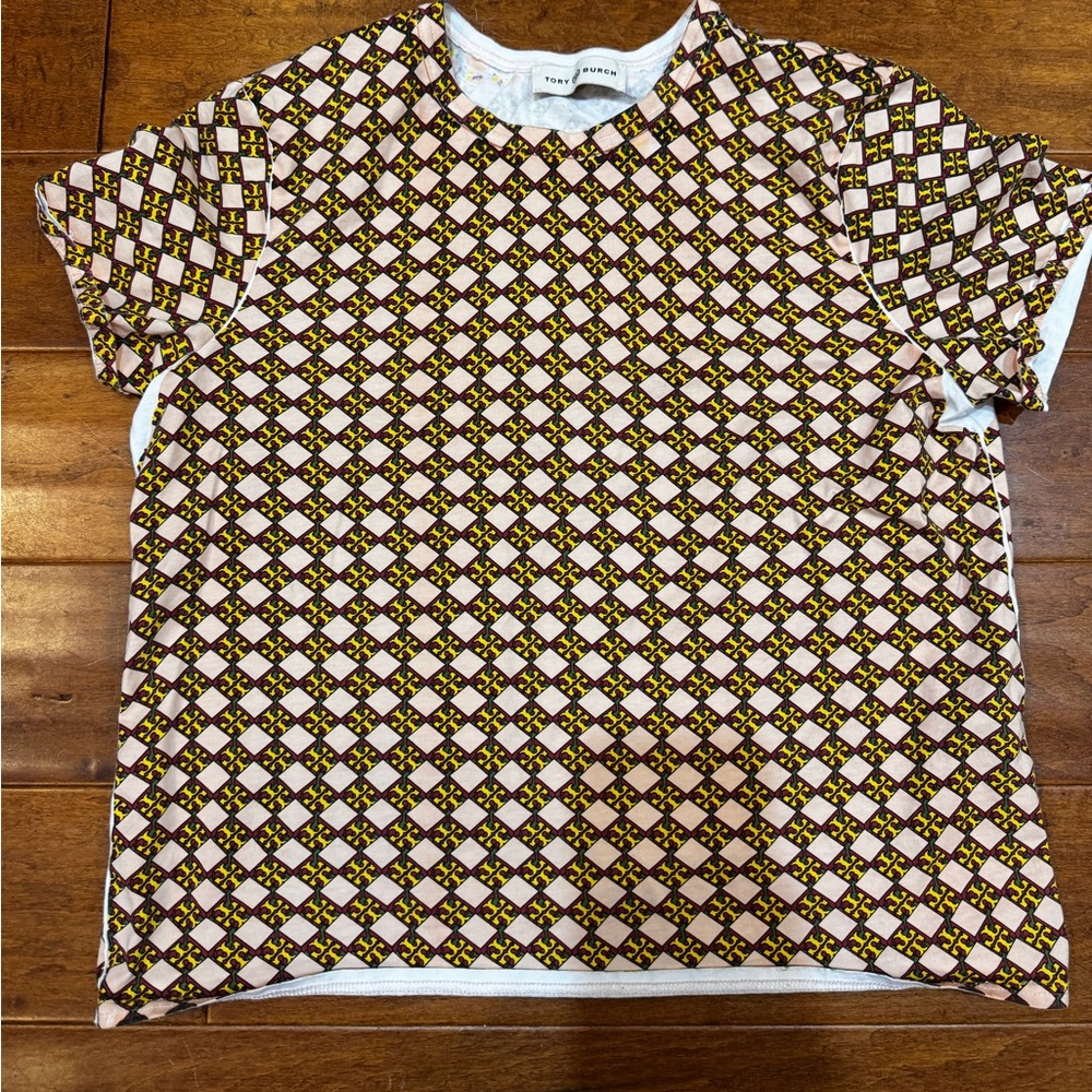 Tory Burch blouse size L. Salmon, green, yellow, red and white in color.